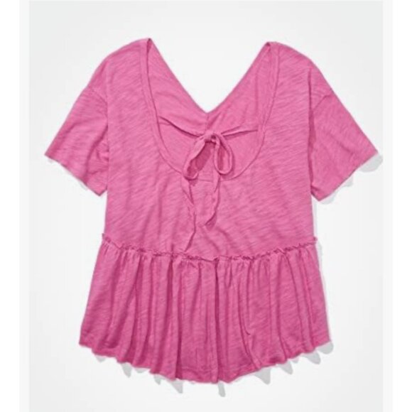 American Eagle Women's Oversized V-Neck Tee Magenta Tie Back Raw Seams S - Picture 12 of 12